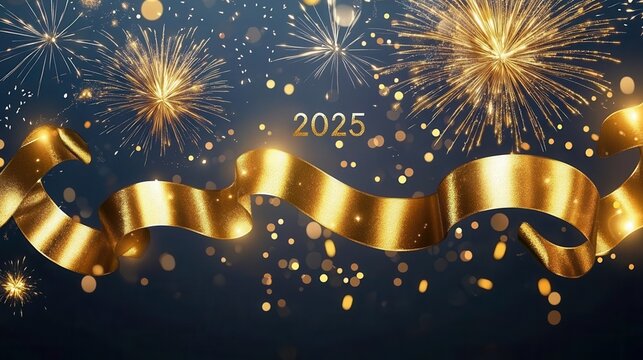 Elegant New Year 2025 celebration banner with gold ribbon and fireworks on a dark, festive background.