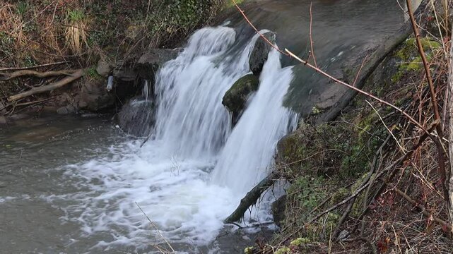 Double cascade d'eau vive sur rochers moussus en for&ecirc;t.