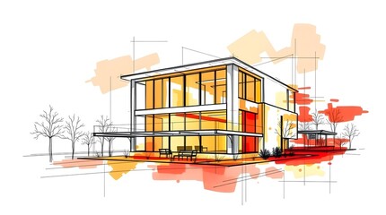 Fototapeta premium modern house design sketch architectural blueprint illustration, space for copy