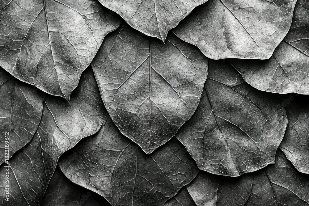 Poster close-up of overlapping, monochrome leaves revealing intricate vein patterns and textures.