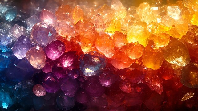 A luminous display of gemstones with radiant hues and complex crystalline patterns