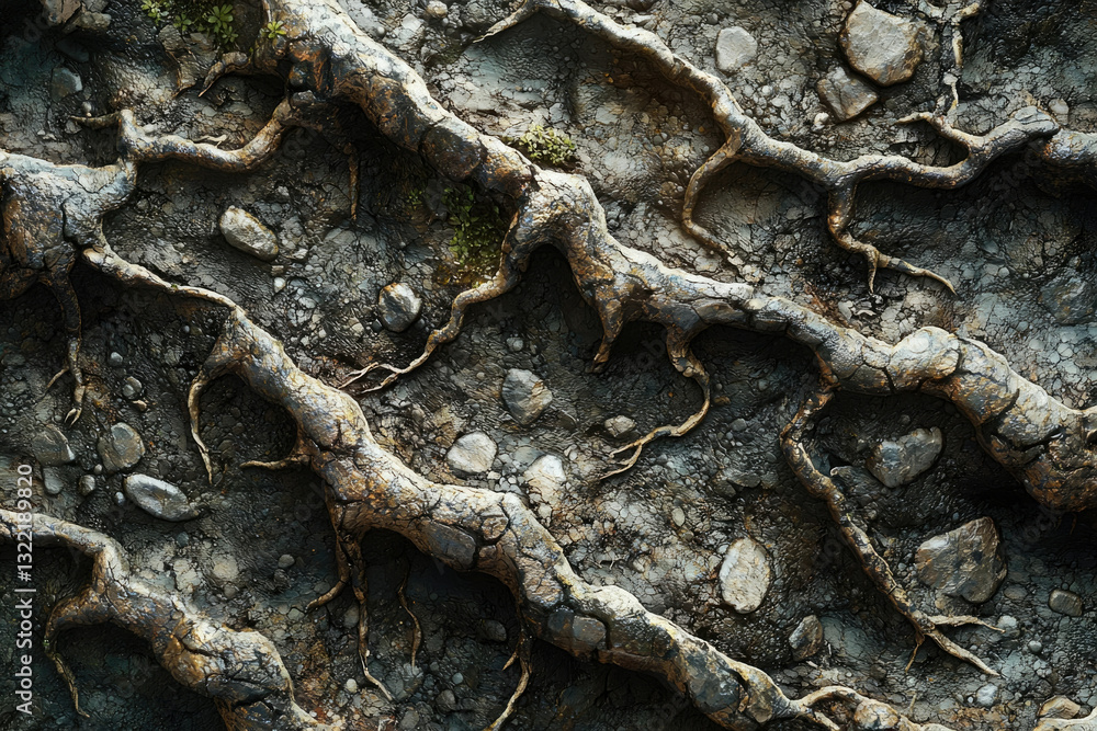 Poster Intricate network of tree roots intertwined with stones and soil, creating a textured surface.