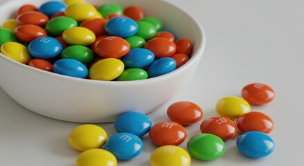Obraz premium colorful candy coated chocolates, white ceramic bowl, vibrant M&Ms, macro photography, high contrast, studio lighting, dark background, glossy surface, circular shapes, assorted colors, candy photogra