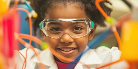 Young African American Girl in Lab Coat and Protective Goggles Smiling, Science, Education Concept.