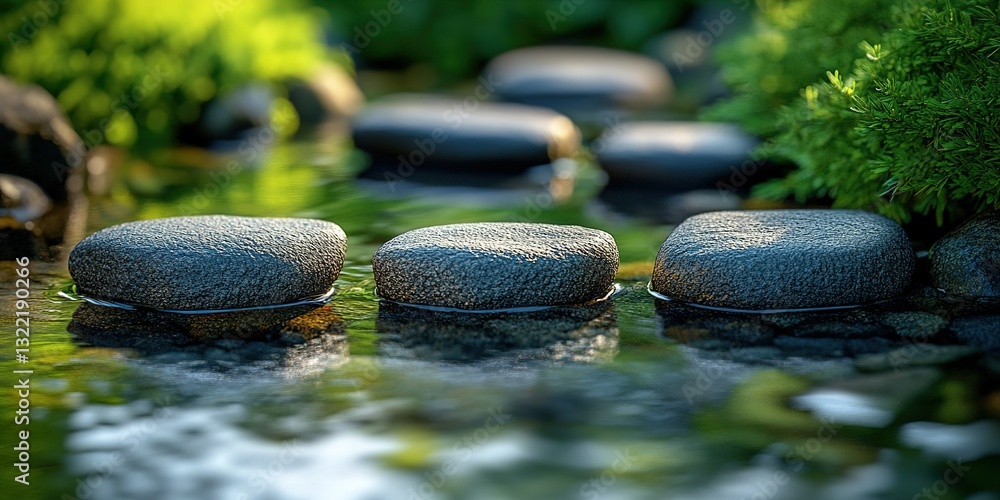 Poster three smooth stones placed strategically in a serene stream surrounded by lush greenery during the d