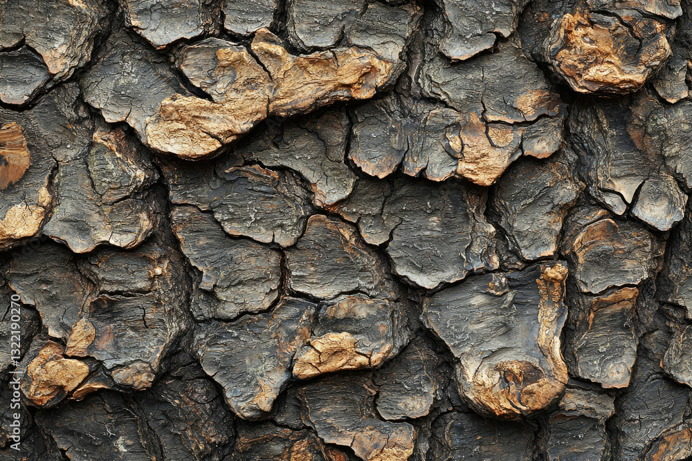 Poster Close-up of textured tree bark, showing intricate patterns and deep crevices in dark brown and orange tones.