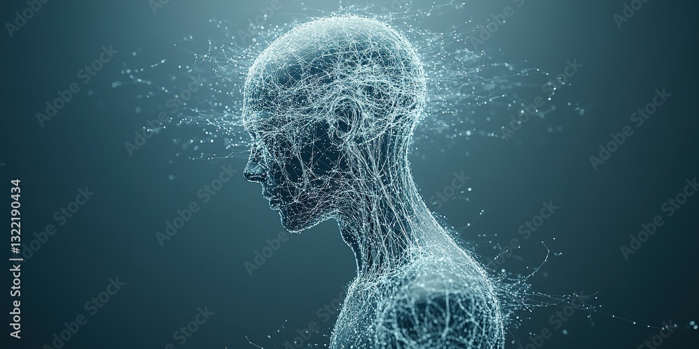 Poster digital representation of a human figure exploring the concept of consciousness and neural networks 