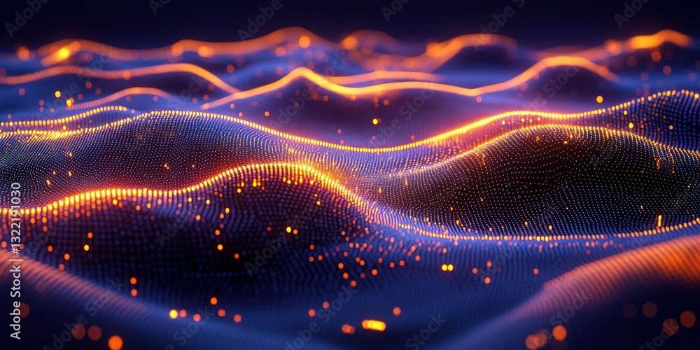 Poster abstract representation of waves with glowing points in a dark environment, showcasing a mix of colo