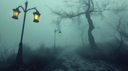 Foggy, eerie pathway lined with antique lamps through a spooky forest
