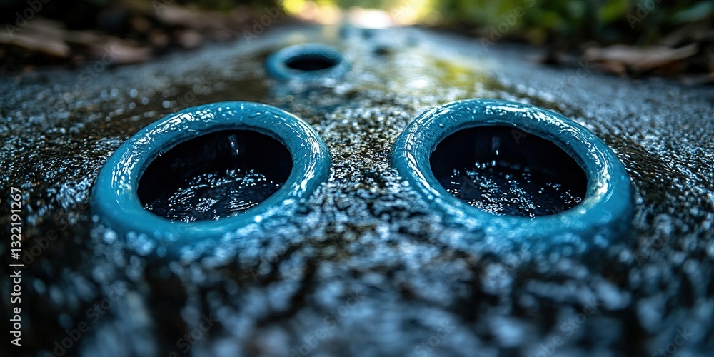 Poster blue circular structures embedded in a flowing stream create a captivating natural feature in the fo