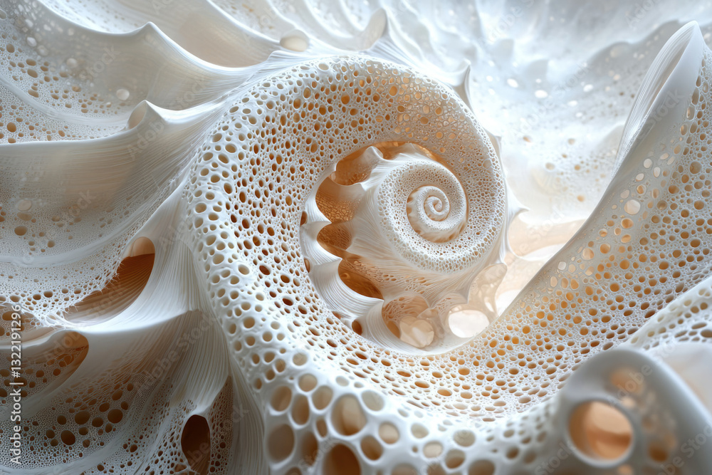 Fototapete Intricate spiral shell structure with a porous, bubbly texture.  A mesmerizing fractal pattern.