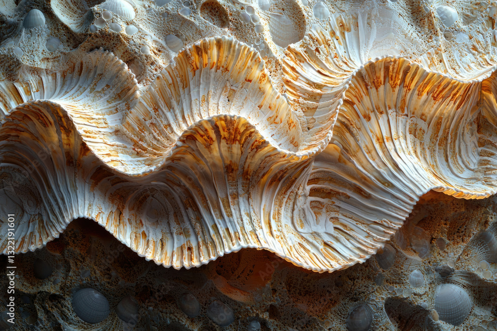 Poster intricate, undulating folds of a large seashell, exhibiting a textured surface with varying shades o