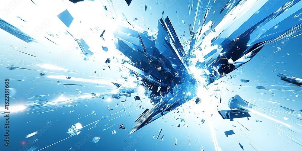 Poster dynamic explosion of blue shards creating an energetic, vibrant visual display in a futuristic envir