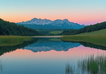 Fototapeta premium Serene Landscape of Mountain Reflection at Dusk Over Calm Lake Surrounded by Lush Greenery and Tall Grass Under a Colorful Sky