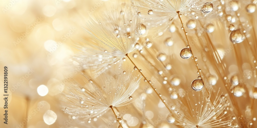 Poster soft dandelion seeds adorned with sparkling droplets reflecting light in a bright and serene setting