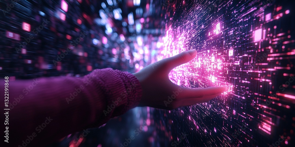 Aufkleber exploring a vibrant digital landscape with a reaching hand and colorful particles in motion