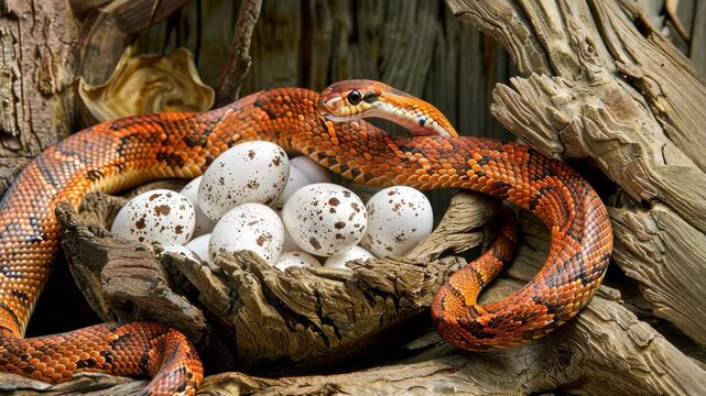 Orange snake rests protectively around speckled eggs in a wooden nest surrounded by a natural environment