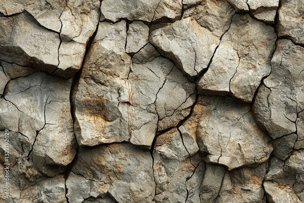 Poster close-up of a cracked and weathered rock surface, showing texture and age.