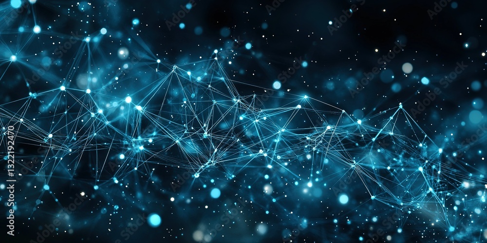 Poster intricate blue particle network showcases digital connectivity and complexity in a dark environment