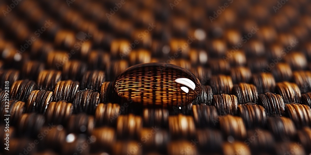 Poster water droplet resting on woven fabric surface reflecting intricate patterns and textures in soft lig