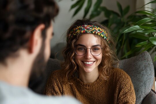 The psychological consultant listens intently as the woman speaks in a friendly and patient manner
