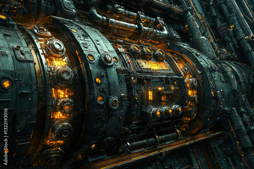 Poster a detailed close-up of a futuristic, steampunk-inspired machine with intricate details and glowing o
