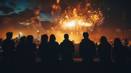 A silhouetted group watches vibrant fireworks burst in the night sky, blending city lights and celebration in a moment of shared wonder.