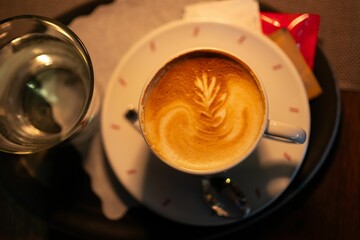Top view of a cappuccino with latte art in a white cup on a saucer, accompanied by a glass of water