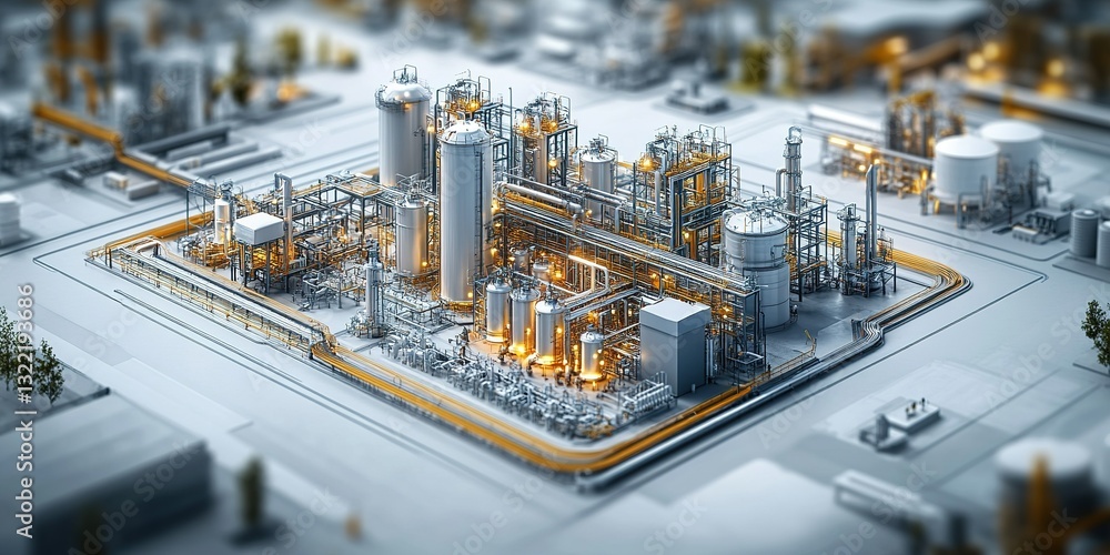 Poster industrial complex with pipelines and processing units at dusk in a modern urban setting