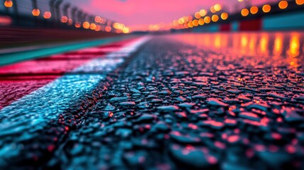 Wet racetrack surface reflects vibrant pink-orange sunset lights