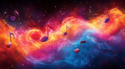 Dynamic colorful musical notes swirling in motion evoking a lively and rhythmic atmosphere