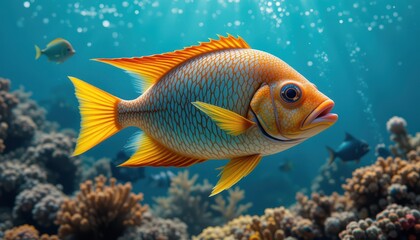 Naklejka premium Vivid Orange Fish Swims Through Coral Reef