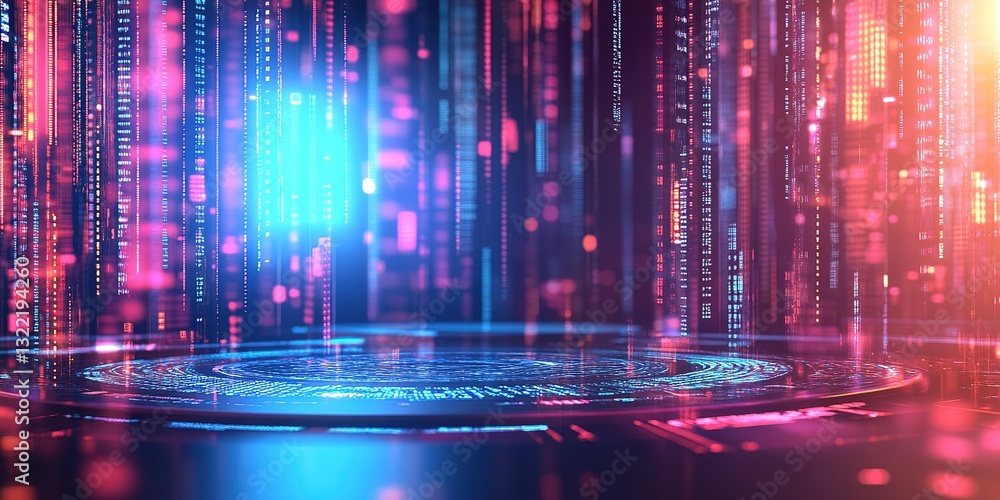 Poster dynamic digital landscape with vibrant light patterns showcasing data flow and technology trends