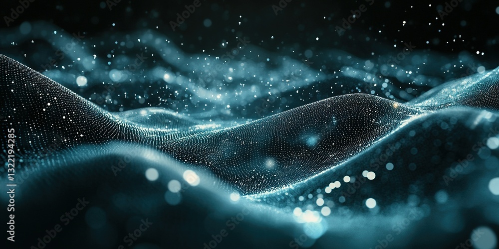 Poster digital waves created from a particle-based design display shimmering light effects in a dark enviro