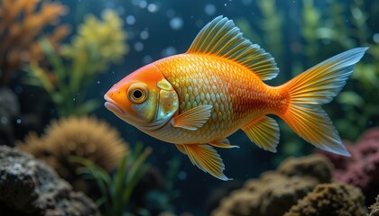 Obraz premium Vibrant Orange Fish Swims In Aquarium Tank