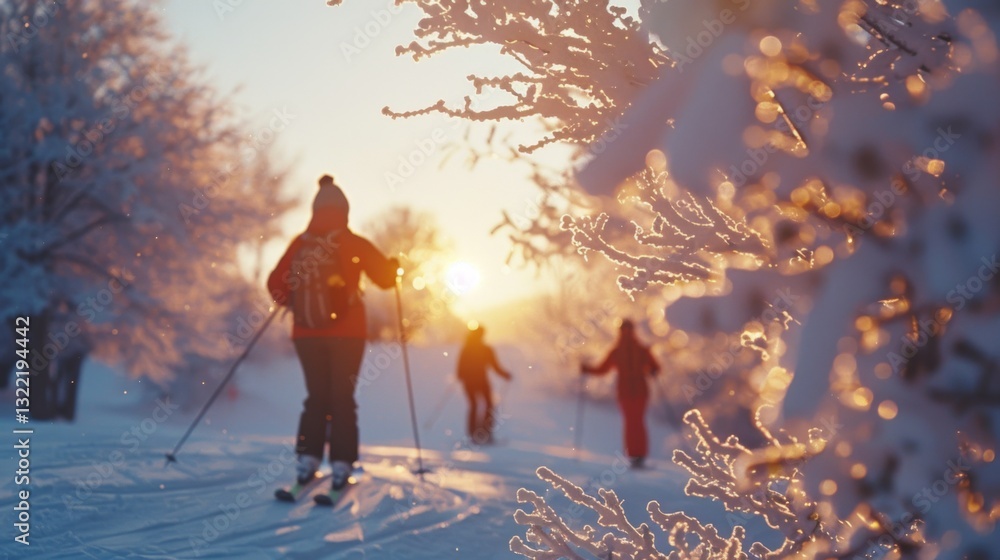Poster skiers glide through a snow covered trail at sunset, surrounded by frost covered trees and a glowing