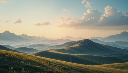 Serene Sunset Over Rolling Green Mountain Ranges