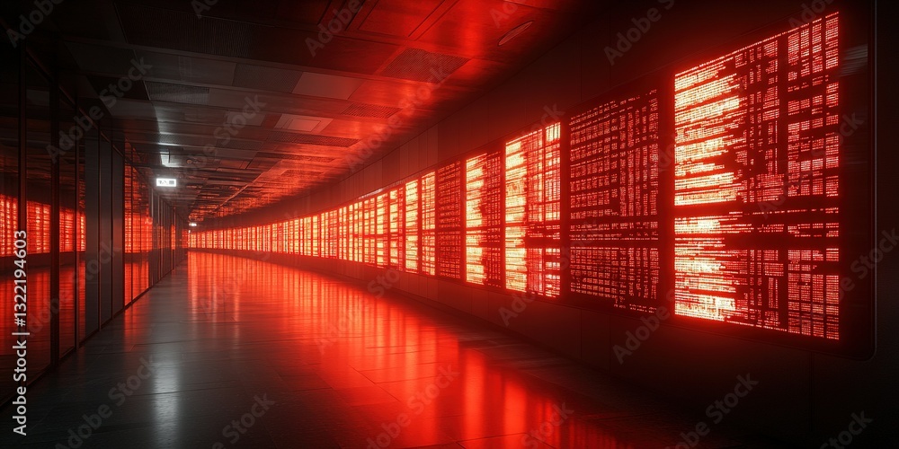 Poster journey through a futuristic corridor illuminated by glowing red data displays in a modern tech envi