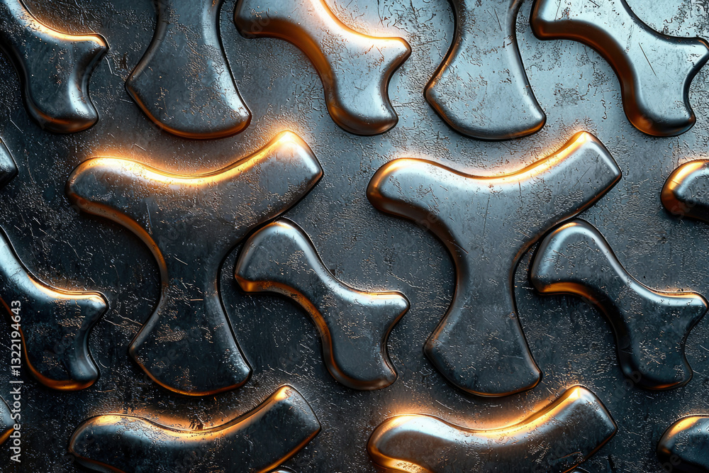 Poster Abstract metallic texture with interlocked, three-pronged shapes, illuminated with warm light.