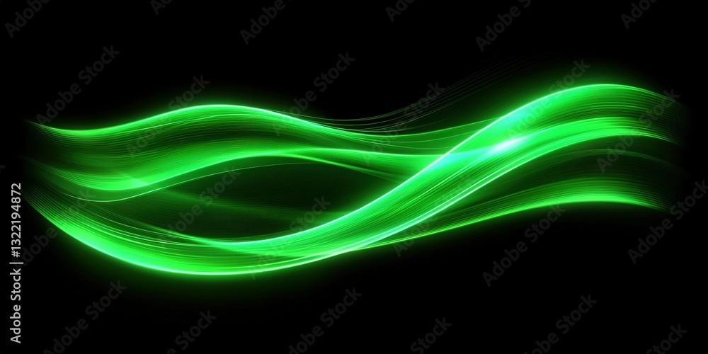 Poster dynamic green light waves create an abstract visual display in a dark background setting