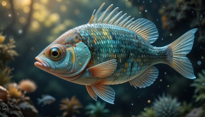 A Vivid Blue Fish Swims In Aquatic Plants