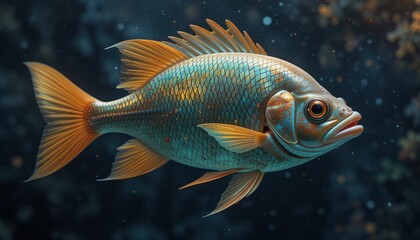 Fototapeta premium A vibrant orange and teal fish swims underwater