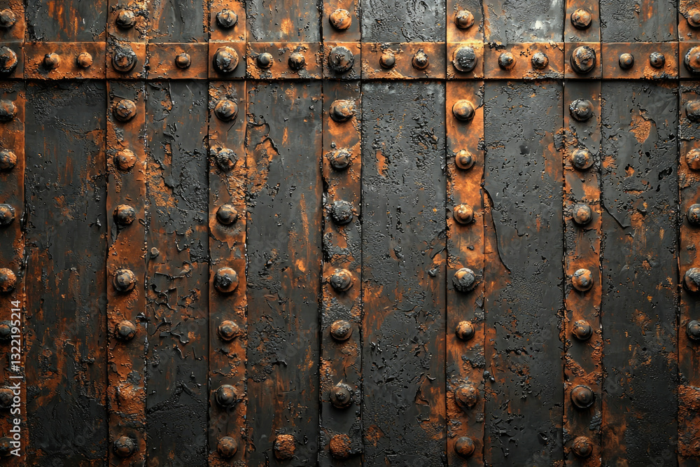 Poster rusty, dark metal gate with vertical planks and rivets, showing age and texture.