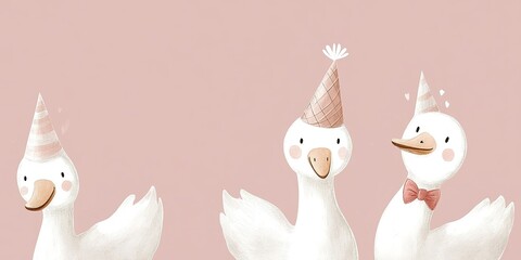 Festive cartoon ducks wearing party hats joyfully celebrating a special occasion