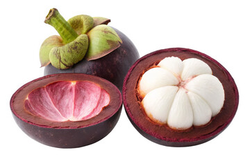 Slicing and showcasing mangosteen isolated on a transparent background.	