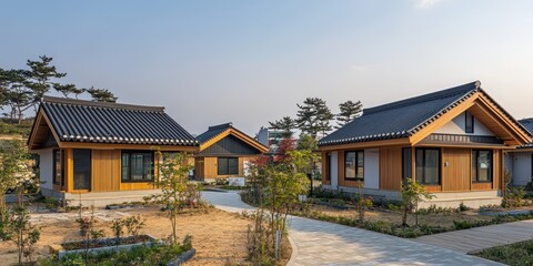 Several small houses with tiled roofs and wooden walls on a hill