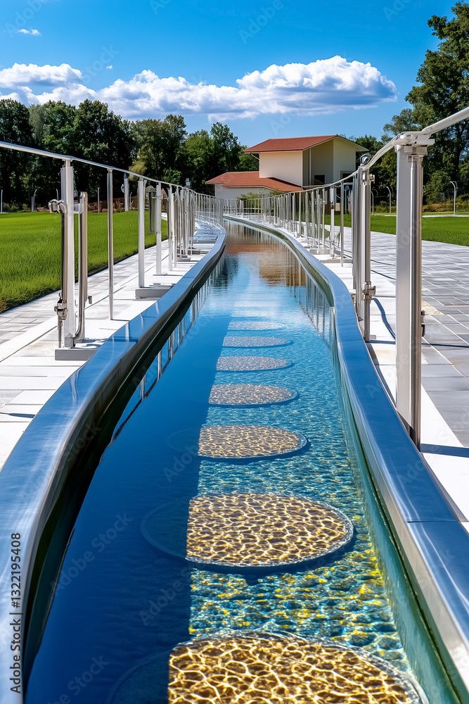 Poster a large agricultural reservoir supports an automated irrigation system, with water reflections ampli