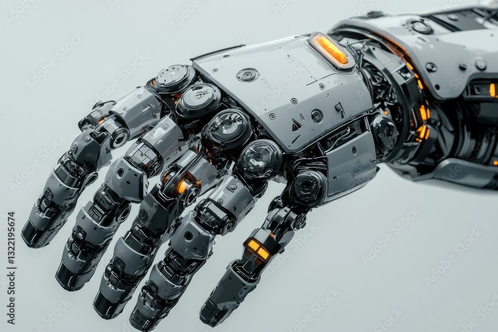 Poster a highly detailed robotic hand, showcasing intricate mechanical design and glowing orange components