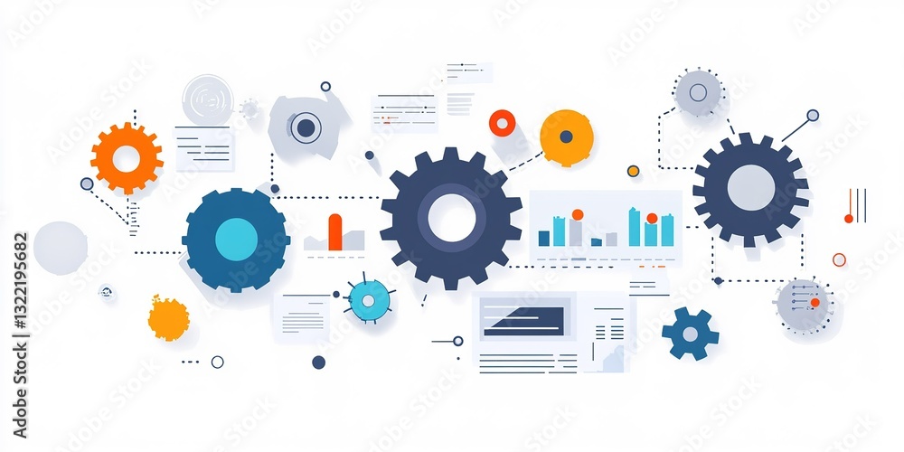 Poster modern design of abstract gears and charts illustrating technology and process optimization in a wor