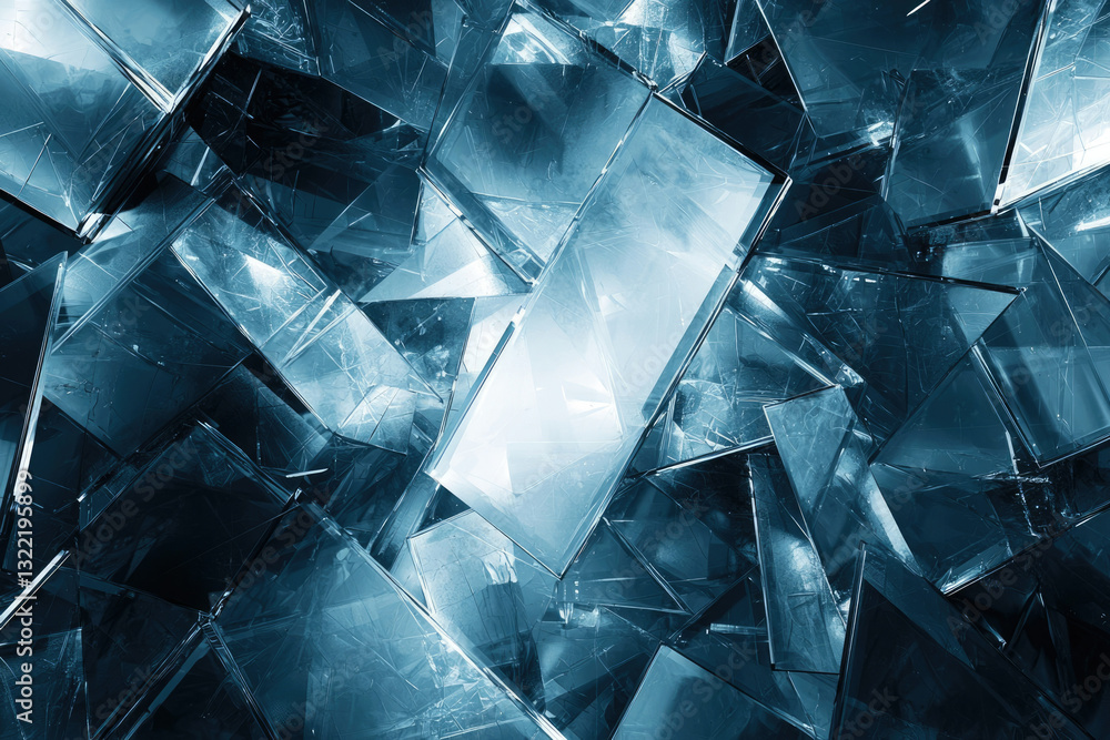 Poster abstract background of shattered, blue glass shards creating a complex, geometric pattern.